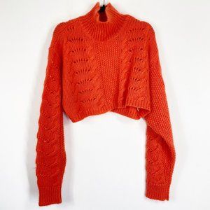 FREE PEOPLE Bright Orange Cropped Open Knit Mock Neck Sweater Crop Mohair Wool S